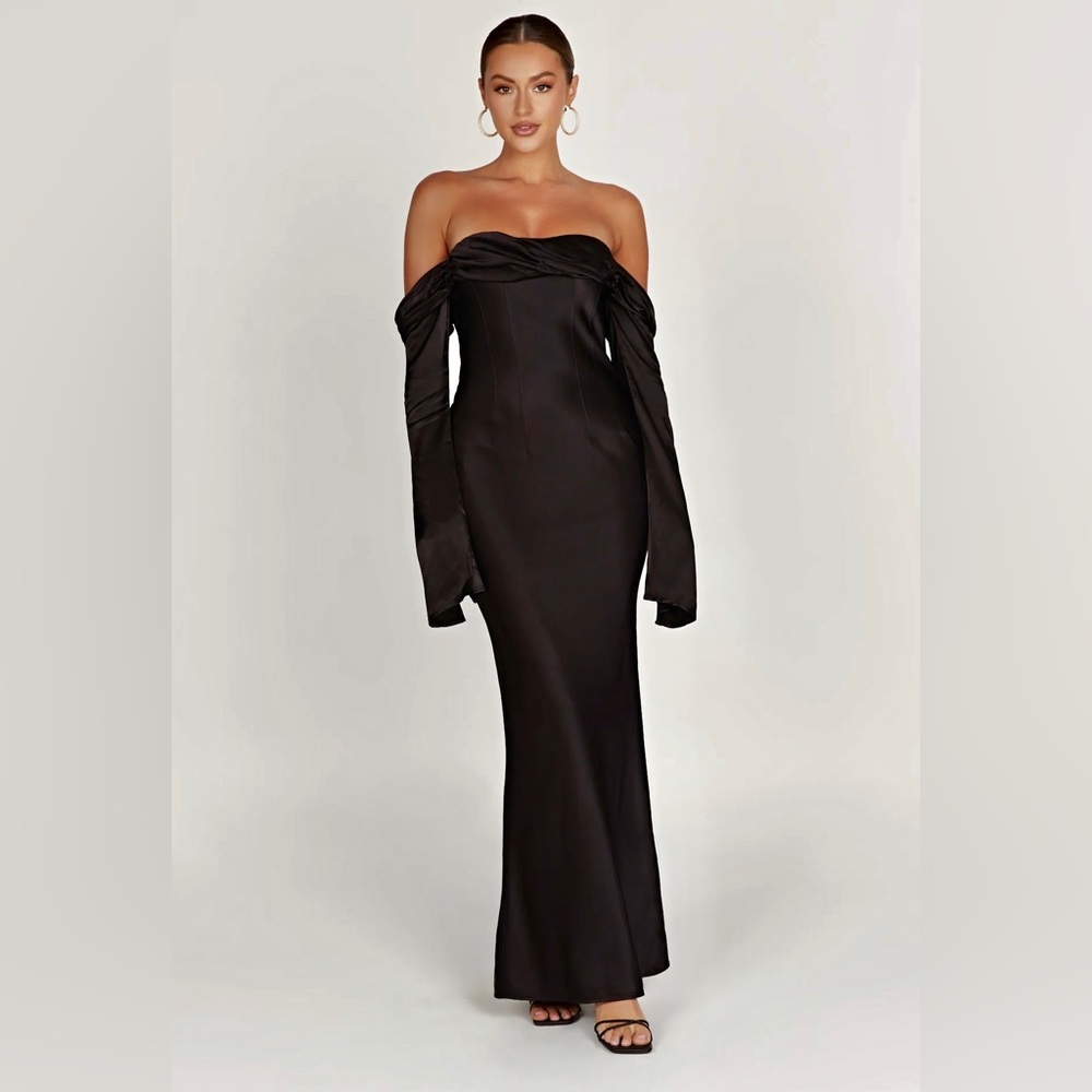 Meshki -  NWOT Giselle Black Off Shoulder Cowl Neck Satin Maxi Dress - Picture 2 of 8